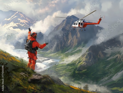 A mountaineer in a bright orange suit signals a flying rescue helicopter amidst dramatic mountain scenery.