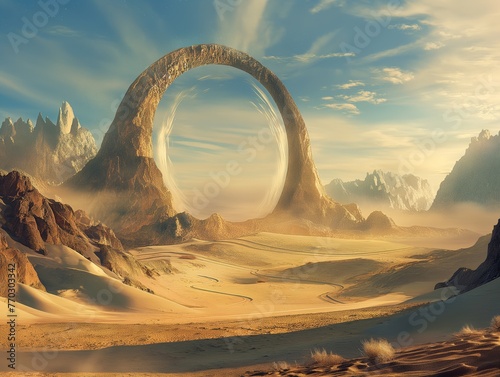 Surreal landscape with a colossal arch portal in a desert setting. © cherezoff