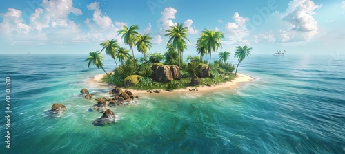 Tropical sandy beach island with palm tree. Generative AI technology. 