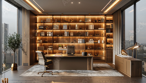 Modern office with large wooden bookshelves  interior design  luxury home decor  desk and chair in front of the wall  floortoceiling windows. Created with Ai