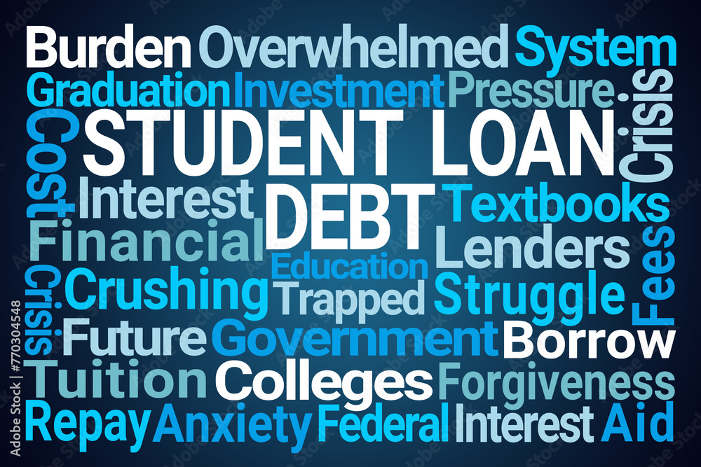 Student Loan Debt Word Cloud on Blue Background Student Loan Debt Word Cloud on Blue Background