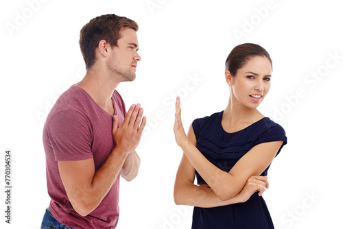 Divorce, fight and couple in studio with sorry hands for cheating, liar or mistake on white background. Marriage, conflict and people argue with stop palm for frustrated woman with rejection sign photo
