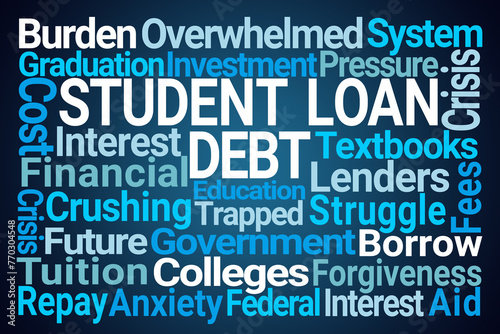 Student Loan Debt Word Cloud on Blue Background
