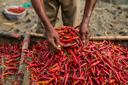 Harvesting thousands of vibrant red chili peppers under the scorching sun, ready to be sorted and delivered to spice companies in Sariakandi, Bogura, Bangladesh © Emanuel