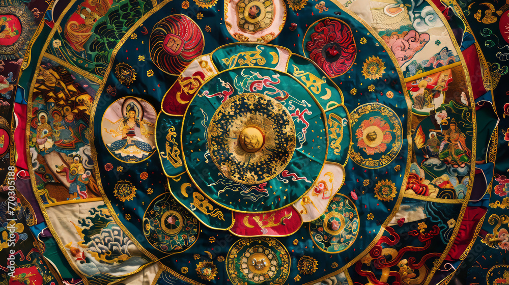 A beautifully intricate Tibetan mandala featuring rich, saturated colors and detailed patterns