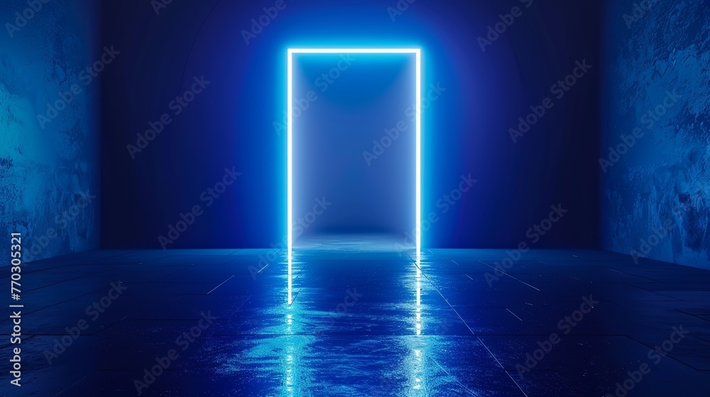 The door glows with neon blue lights in the darkness of the large, empty room