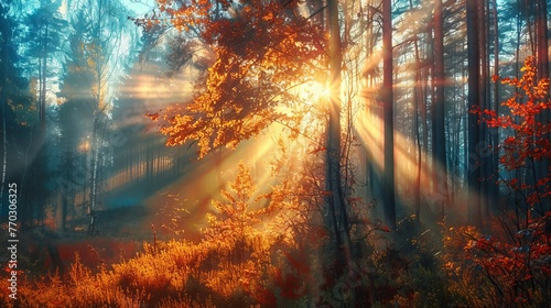 Sunlight streaming through an autumnal forest