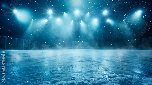 A spotlight and bright lighting fill the empty ice rink.