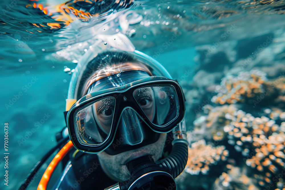 Close-up of a diver with a mask underwater, exploring coral reefs. Close-up of a diver with a mask underwater, exploring coral reefs.