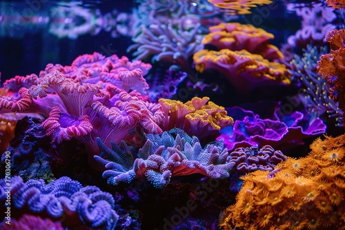 Vibrant coral reef teeming with marine life, illuminated in an aquarium.