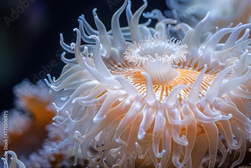 A close-up of a sea anemone with intricate, delicate tentacles. © Larisa