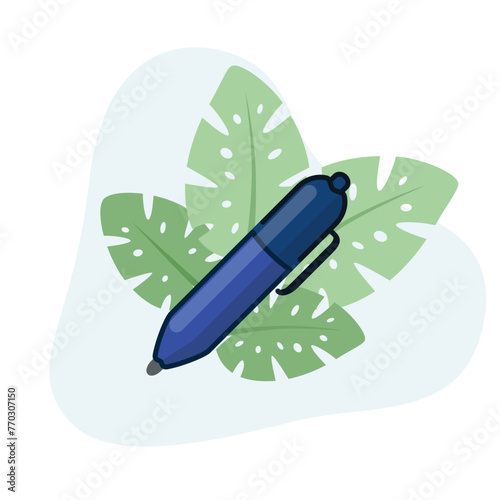 Pen flat vector Illustration icon decorated with leaves for web use for business, idea, write, tool, supplies, sketching.