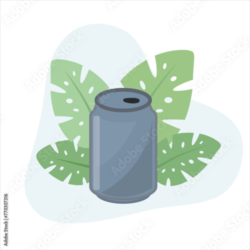 Can flat vector Illustration icon decorated with leaves for web use for canned, aluminium container, drink, recycling, soda