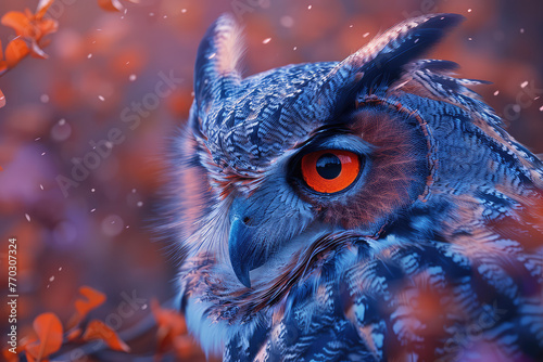  Owl with orange eyes and blue feathers in a fantasy world with orange and purple tones. Created with Ai
