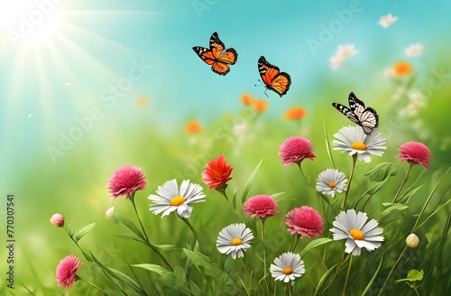 Summer background in light green grass with wild flowers and colorful butterflies in minimal rays of the sun © Julio