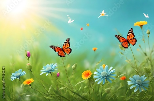 Summer background in light green grass with wild flowers and colorful butterflies in minimal rays of the sun