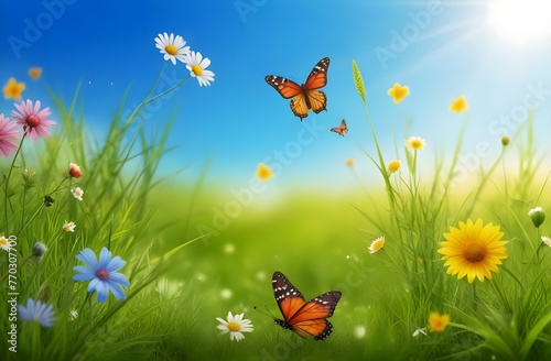 Summer background in light green grass with wild flowers and colorful butterflies in minimal rays of the sun