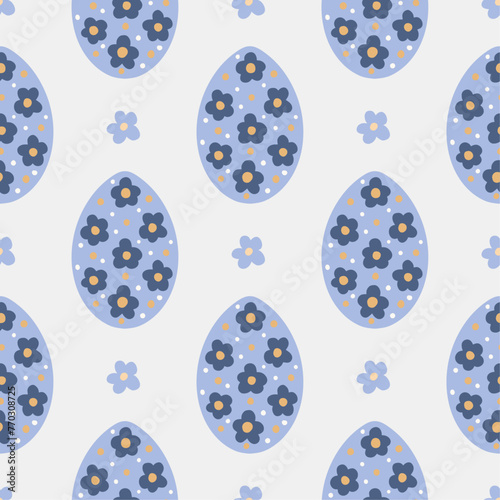 Easter eggs seamless pattern, spring flowers,  holidays minimalist hugge illustration