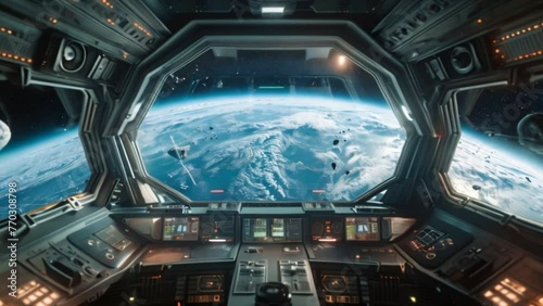 Inside a spaceship with a 3D view of space and planet earth