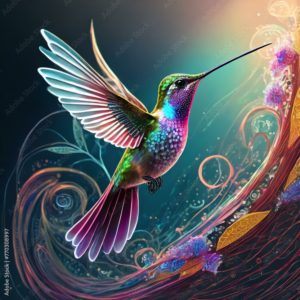 Obraz premium Flowing Harmony: Digital Hummingbird Soaring Through Data Streams