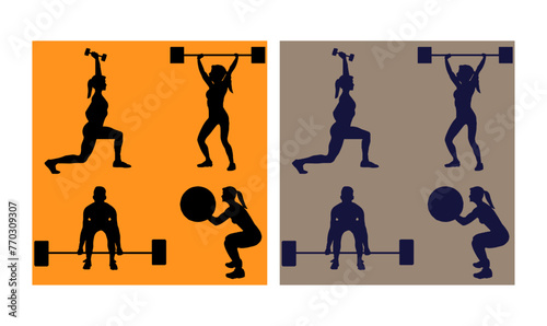 black CrossFit training silhouette collection, silhouette, people, vector, woman, illustration, sport, dance, black, silhouettes, fitness, men, 