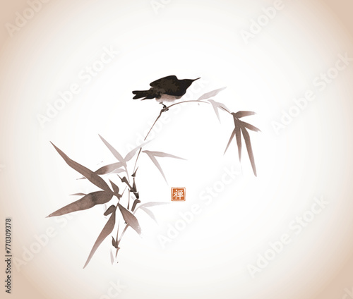 Minimalist ink painting of blackbird on bamboo branch. Traditional Japanese ink wash painting sumi-e in vintage style. Translation of hieroglyph - zen