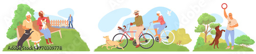 Happy elderly people characters spending time with pets outdoors