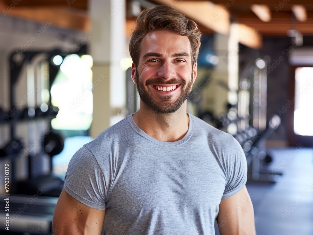 Portrait of a handsome smiling man standing in a gym. AI generative Portrait of a handsome smiling man standing in a gym. AI generative