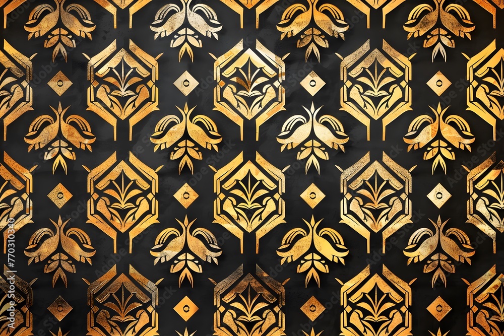 Art Deco pattern with golden gilded fan shapes on a black background seamless Art Deco pattern with golden gilded fan shapes on a black background seamless
