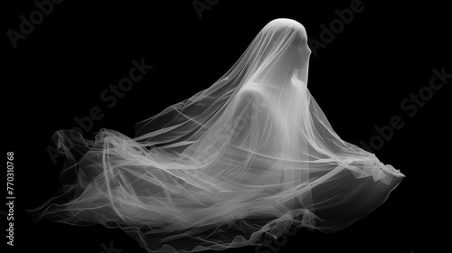 This artistic black and white image captures the graceful flow of a ghostly veil against a deep black background, symbolizing mystery and elegance.