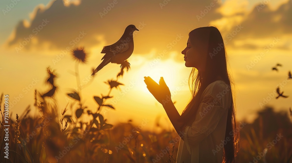woman praying at sunset - obrazy, fototapety, plakaty 