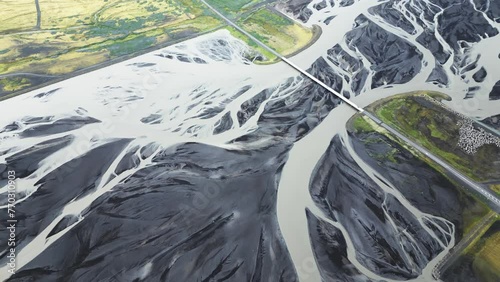 Borgarfjordur Bridge Of Route 1 Connecting To Borgarnes Town In West Iceland. Aerial Drone Shot photo