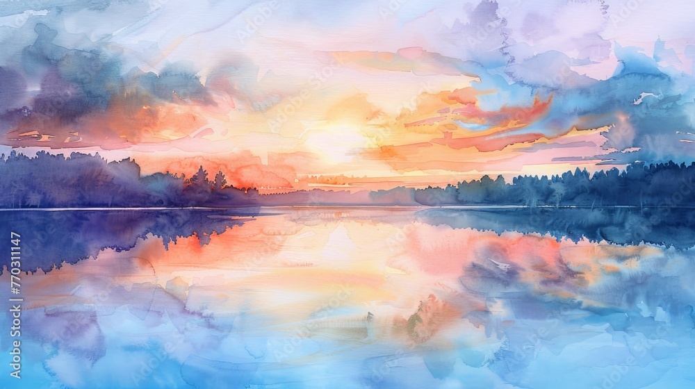 painting sunrise behind the lake
