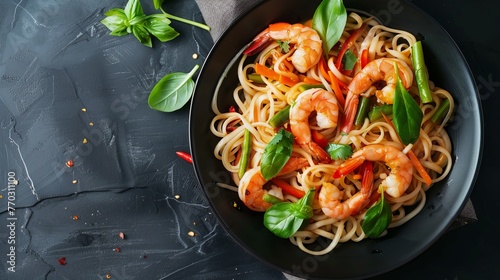 Spaghetti with fried shrimp on a black bowl