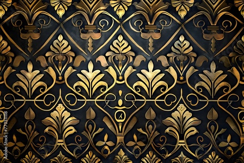 Art Deco pattern with golden gilded fan shapes on a black background seamless