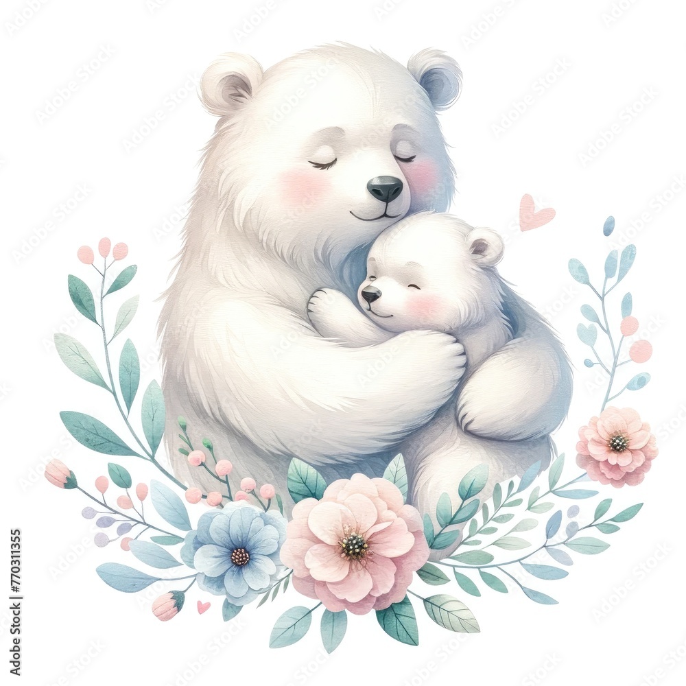 Polar Maternal Affection: Serene Bond Between Mother Polar Bear and Cub Amidst Blossoms Polar Maternal Affection: Serene Bond Between Mother Polar Bear and Cub Amidst Blossoms
