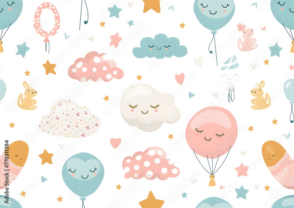 Baby themed pattern with clouds, balloons and baby toys on a white background Baby themed pattern with clouds, balloons and baby toys on a white background