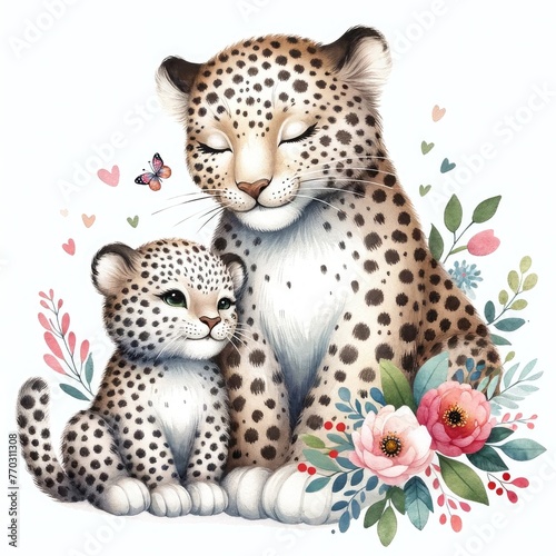 Leopard's Love: A Tender Moment of Parental Affection Amidst Blooms