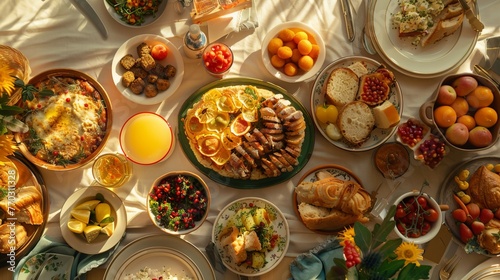 full of delicious food on wooden table at breakfast