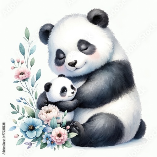 Maternal Harmony  Serene Moment Between Mother Panda and Cub Amidst Blossoms