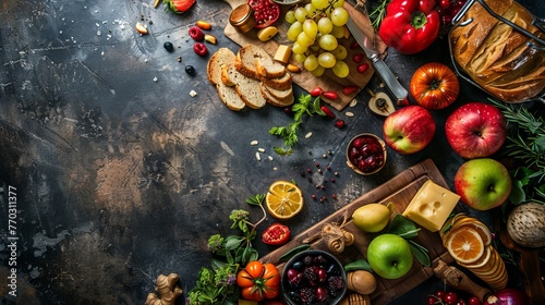 delicious fruits and vegetables on wooden table
