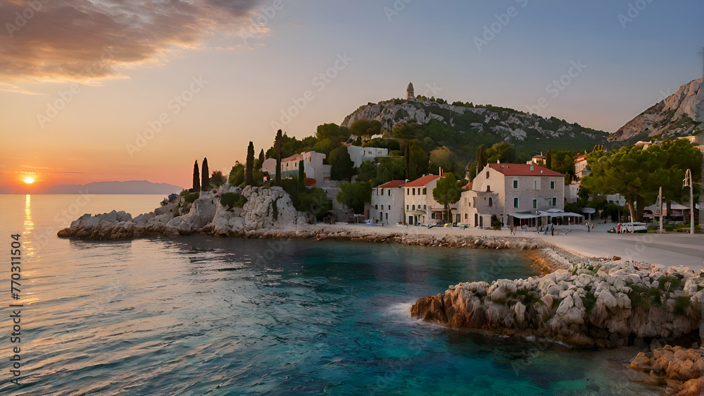 Rock island at sunset in small mediterranean town Brela,Croatia