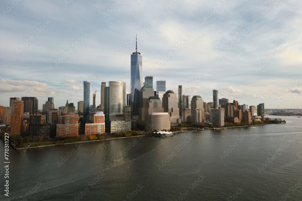 NYC skyline. Manhattan view from New Jersey, NYC skyscraper. Drone aerial view of New York City. Big Apple. NYC panorama from Hudson. Cityscape landmark. Lower Manhattan NYC.