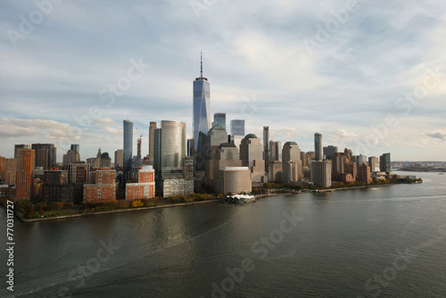 NYC skyline. Manhattan view from New Jersey  NYC skyscraper. Drone aerial view of New York City. Big Apple. NYC panorama from Hudson. Cityscape landmark. Lower Manhattan NYC.