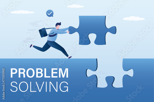 Task completing, finish project. Complete jigsaw puzzle to solve business problem, solution for business achievement. businessman holds last missing puzzle piece.