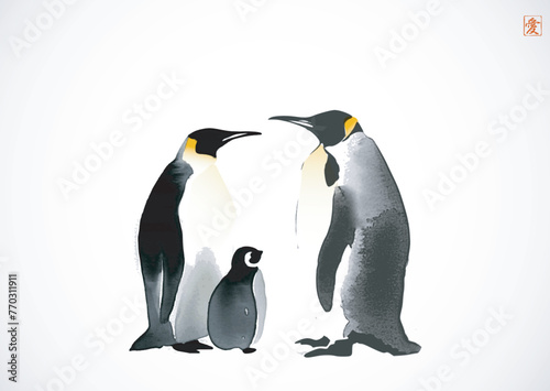 Ink wash painting featuring family of penguins. Traditional oriental ink painting sumi-e, u-sin, go-hua. Hieroglyph - love.