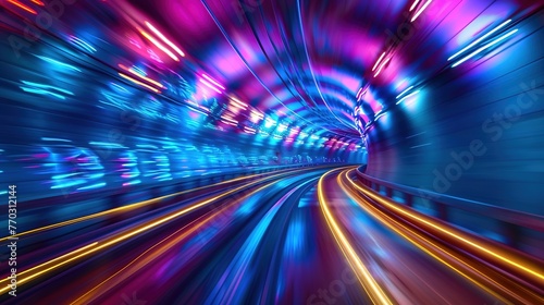 abstract futuristic tunnel with colorful neon lights, long exposure background