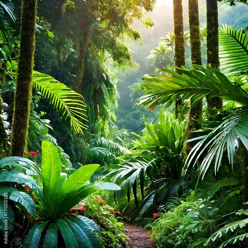 tropical forest with palm trees the mesmerizing beauty of the tropical jungle lush green foliage  exotic inhabitants  biodiversity treasure trove  natural splendor  spirit of adventure