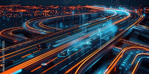 Futuristic city highway with illuminated traces of autonomous vehicles at night.