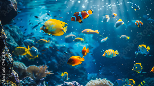 underwater coral reef landscape wide panorama background in the deep blue ocean with colorful fish and marine life photo